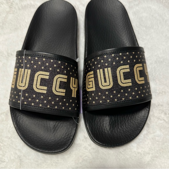 Gucci Pursuit "Guccy" Sega Stars MEN Rubber Leather Slide Sandals - Picture 1 of 9